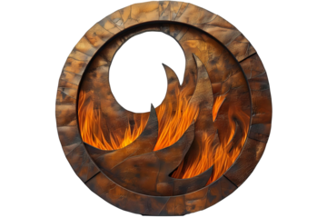 Circular metal art piece featuring a stylized flame design with a rustic finish, isolated on a white background. Ideal for industrial decor, creative projects, and fire-themed artwork. Isolated 