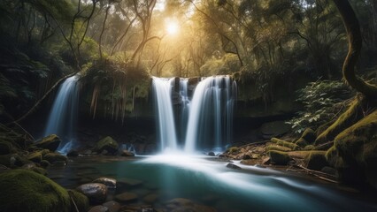 Serene Waterfall Cascading Through a Lush Rainforest