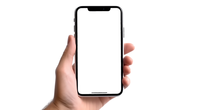 Hand holding a smartphone with a blank screen, isolated on a white background. Perfect for app demonstrations, user interface design presentations, and marketing materials. Isolated and ready for use