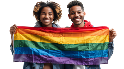 Smiling young couple holding a rainbow flag, symbolizing LGBTQ+ pride and diversity. Perfect for campaigns promoting inclusivity, social justice, and equality. Isolated and ready for design use.