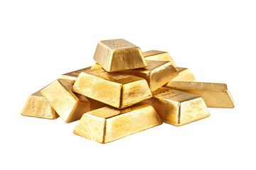 A pile of gold bars on a white background, representing wealth, investment, and financial security. Ideal for use in financial and luxury design projects. Isolated and ready for design use.