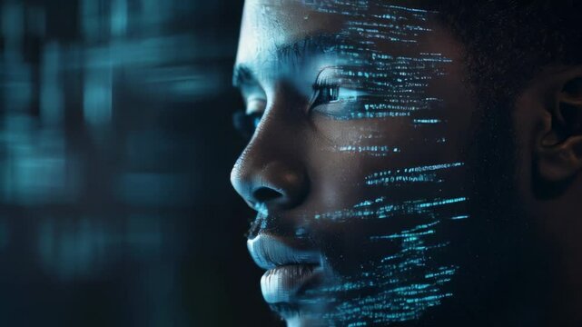 black man with projection of digital code on face,technology and future.Dark background.Concept of digital future,learning with artificial intelligence, digital technical education.