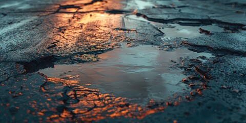 Obraz premium Image of a damaged asphalt pavement with a puddle representing transportation challenges road maintenance and potential risks to vehicle suspensions