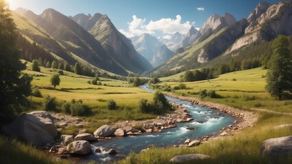 Mountain River Winding Through a Valley with Lush Green Vegetation