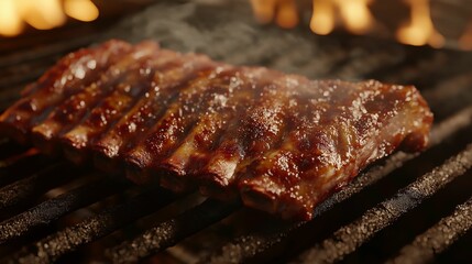 Close-up of juicy barbecue ribs sizzling on the grill over open flames.