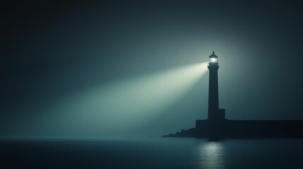 A solitary lighthouse shines its powerful beacon across a calm sea at night.
