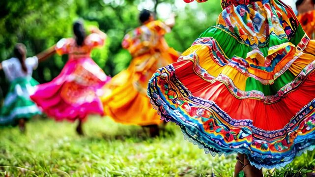 Celebrating Hispanic Heritage Month. Colorful Mexican dancers in traditional colorful costumes during a street performance.
