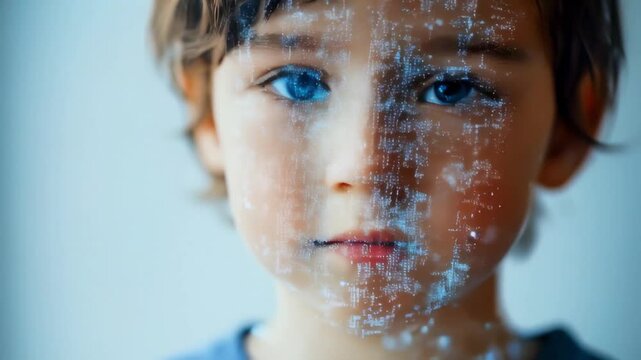 child with color projection of digital code on face,technology and future.Dark background.Concept of digital future,learning with artificial intelligence, digital technical education.