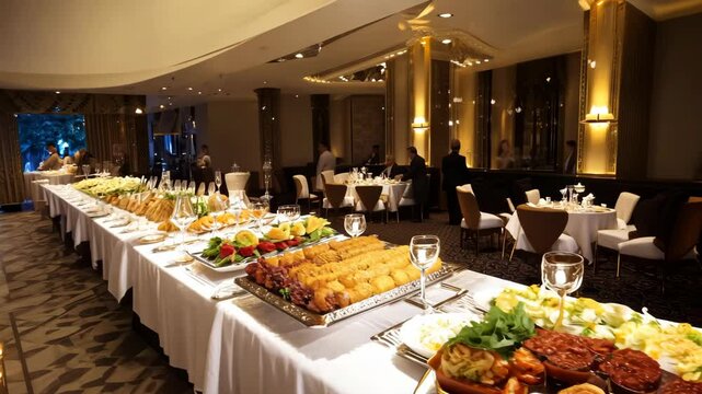 A luxurious buffet setup in an elegant dining hall with a variety of dishes.