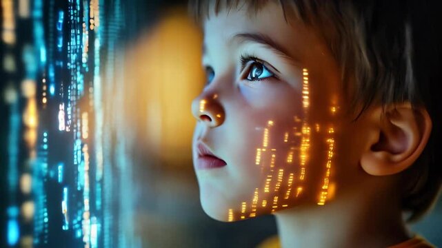 child with color projection of digital code on face,technology and future.Dark background.Concept of digital future,learning with artificial intelligence, digital technical education.