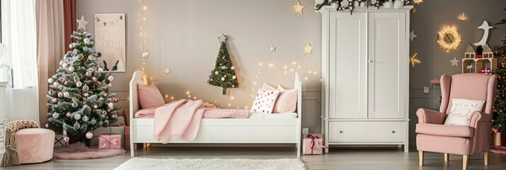Cheerfully Adorned Children's Space for the Holiday Season Featuring a White Bed, Wardrobe, and Pink Chair with Festive Accents