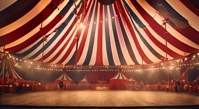 Amusement Show features a Circus tent in the center of an arena Concept Circus Entertainment Big Top Tent Thrilling Acts Spectacular Performances Family Fun 4k animation