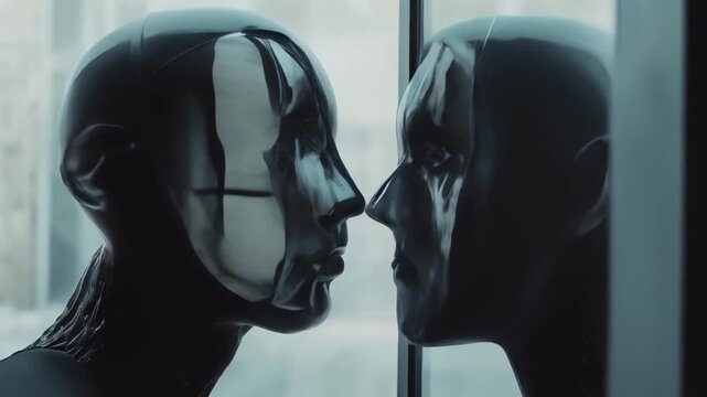 A humanoid robot is looking at its reflection in a mirror, showcasing advanced technology and futuristic design on a neutral background. Concept of AI
