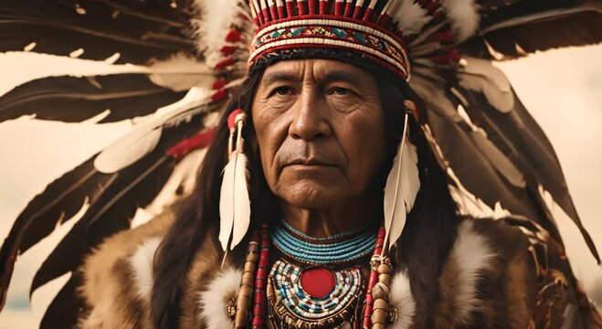 Chief in Blackfoot regalia adorned with feathers symbolizing Native American heritage Concept Native American Heritage Blackfoot Tribe Regalia Photoshoot Feathers Adornment Traditional Attire 4k anima