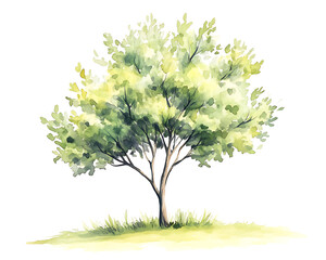 Watercolor painting of a green tree with a white background.