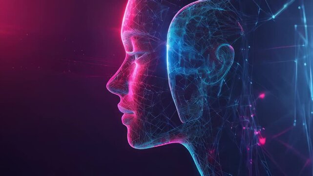 Digital art of two human heads in frame style with neon pink and blue lights on a dark background. The concept of technology and artificial intelligence