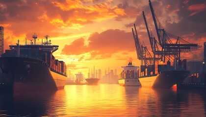 Golden Hour Harbor with Cargo Ships and Vibrant Sky Reflections