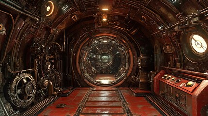 Obraz premium A Rusty, Mechanized Corridor Inside a Futuristic Spacecraft