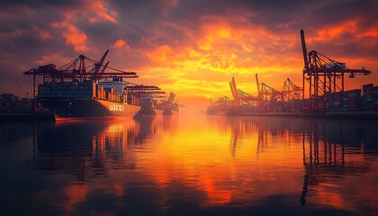 Golden Hour Harbor with Cargo Ships and Vibrant Sky Reflections