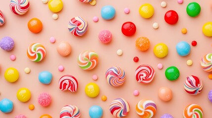 Bright colorful candy spread across a neutral-colored backdrop for a flat lay image  AI generated illustration