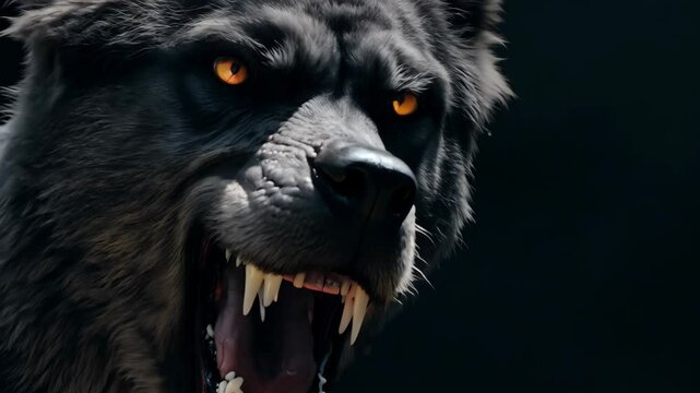 A close-up of a fierce wolf snarling, showing its sharp teeth and intense gaze.