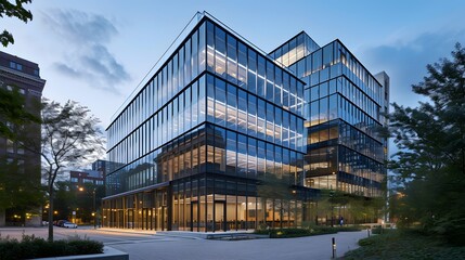 Obraz premium Carbon-neutral glass structured office building set in the urban landscape AI generated illustration