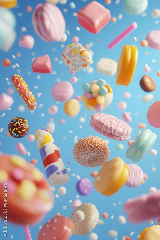 Wall mural cartoon-like 3d sweets scattered across an abstract background ai generated illustration