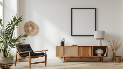 Casual room ambience showcasing a wooden frame imbibing a minimalistic modern cinematic poster  AI generated illustration