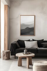 Charming wooden frame displaying a minimalistic cinematic poster inside a modern interior  AI generated illustration
