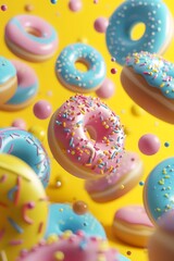 Obraz premium Cheerful 3D abstract background with colorful kawaii donuts AI generated illustration