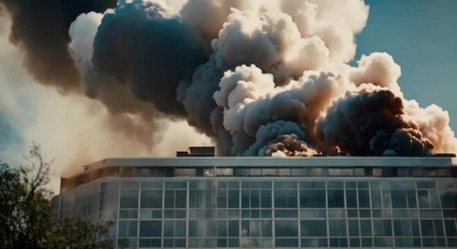 Smoke rises from a burning building enveloped in a surreal cloud Concept Fire Emergency Smoke Building Surreal 4k animation