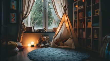 Childrens room set up as a cozy home cinema  AI generated illustration