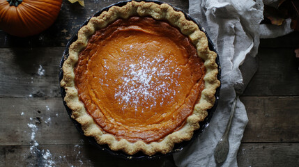 Autumnal pumpkin pie, top down view