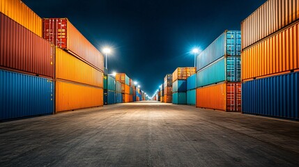 Fototapeta premium Stacked containers under the bright lights of a port terminal at night