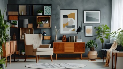 Cinematic artwork in a wooden frame making a statement in an otherwise sparely decorated room AI generated illustration
