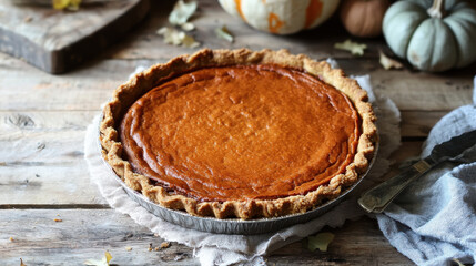 Autumnal pumpkin pie served with squash and pumpkins