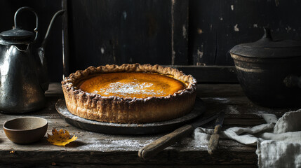Autumnal pumpkin pie with dark crust and icing sugar