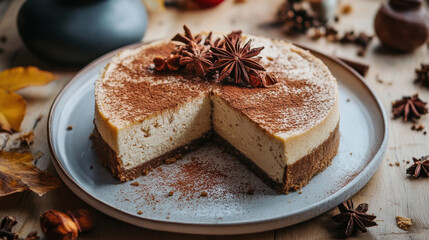 Autumnal cinnamon and anise spiced cheesecake, rustic clay grey plating with spices on a wooden board