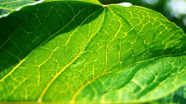 Close-up of a vibrant green leaf highlighting its intricate vein patterns and textures against a blurred nature background.