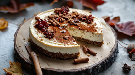 Autumnal spiced cheesecake, chocolate dust, cinnamon, nuts 
