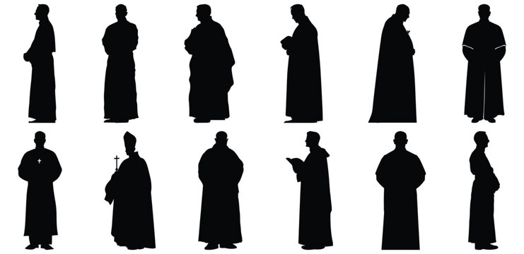 Priest silhouettes set, clergy pack of vector silhouette design, isolated background