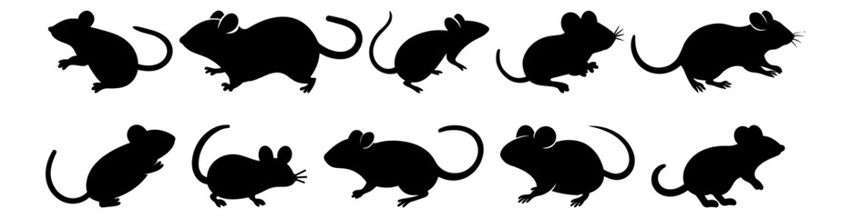 Mouse silhouettes set, pack of vector silhouette design, isolated background
