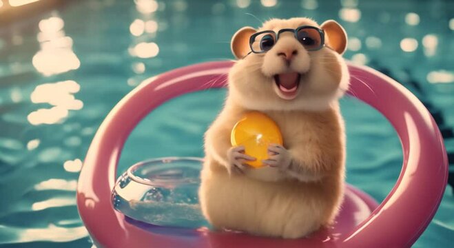 Cheerful hamster with glasses with cocktail and inflatable circle in pool 4k animation