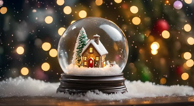 Christmas Snow globe Snowflakes Christmas tree house inside snow globe 4k animation