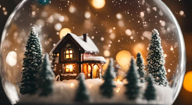 Christmas Snow globe Snowflakes Christmas tree house inside snow globe 4k animation