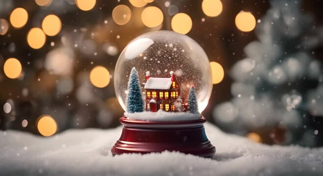 Christmas Snow globe Snowflakes Christmas tree house inside snow globe 4k animation