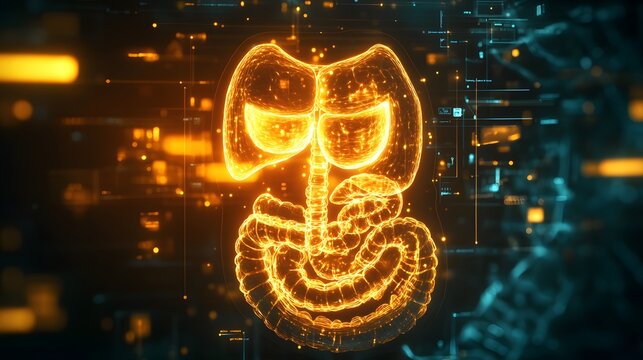 A holographic display of the human digestive system, showcasing the transparent layers of the stomach, intestines, and related organs, with glowing lines highlighting the digestive tract