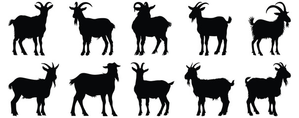 Goat silhouettes set, animal pack of vector silhouette design, isolated background