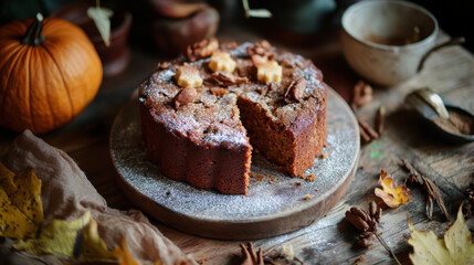 Autumnal spiced cake on rustic grey serving platter made of wood
