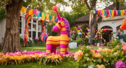 Colorful unicorn piñata in garden cinco de mayo festival mexican culture 4k animation - Powered by Adobe